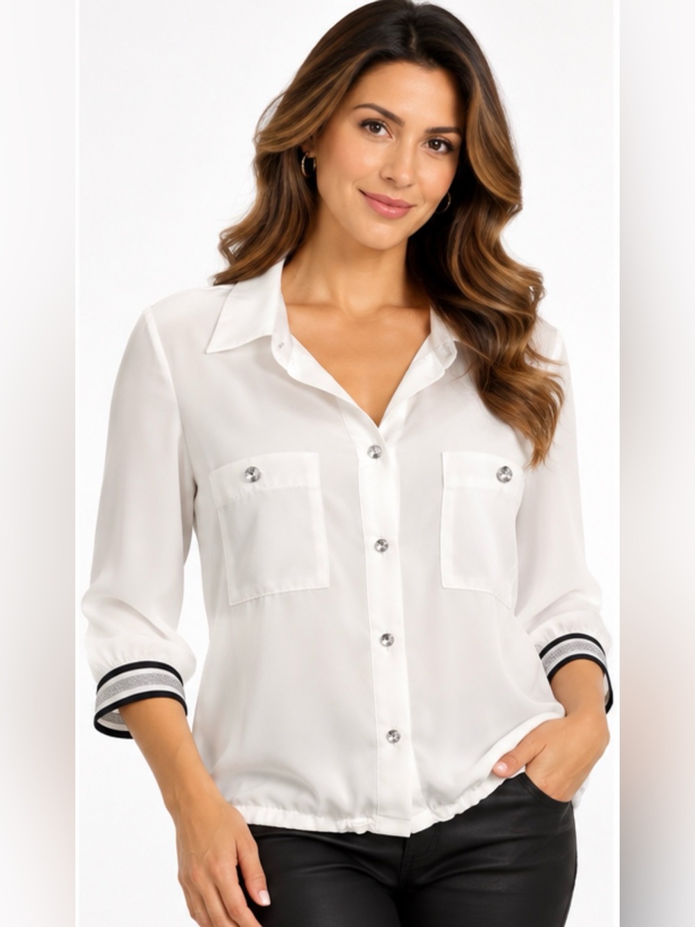 Frank Lyman Montréal White Blouse Crystal Buttons Metallic Trim Size 16